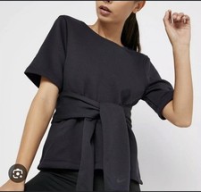 Nike Studio Women's L Short-Sleeve Yoga Training Top AR6367 Logo Charcoal Gray