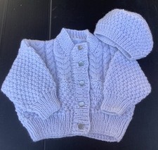 Baby Hand Knitted New Pale Grey  aran Pattern Cardigan/Hat Set .6-9m. chest 20”