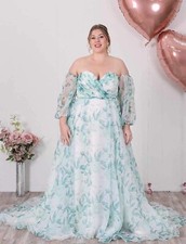 New Island Bridal Ivory Green Leaves Boho Floral Wedding Dress Size 22 24