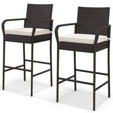 COSTWAY Patio Wicker Barstools Set of 2 Outdoor PE Rattan Bar Chairs-Brown