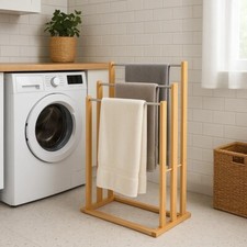 Bamboo Wooden Towel Holder Free Standing Bathroom Drying Rail Stand Storage Rack