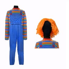 Mens Halloween Killer Doll Fancy Dress Costume Horror Chucky Style Outfit & Wig