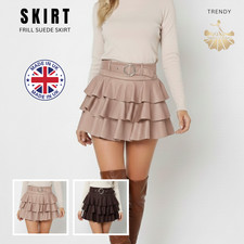 Womens Suede Mini Frill Skirt