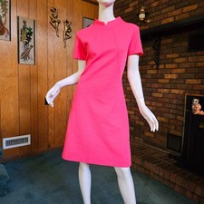 Vtg 60s 70s Mod Pepto Pink Go Go A-Line Mini Shift Boomerang Knit Day Dress M/L