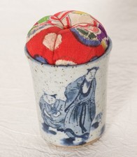 Japanese Vintage Sewing Pin Cushion Nabeshima Ware Sake Cup Silk Kimono Fabric