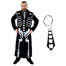 JAMES BONES COSTUME MENS LONG SKELETON COAT AND TIE BONE PRINT FANCY DRESS