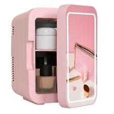 4L Mini Fridge with LED Light Mirror Portable Cooler&Warmer Skincare Makeup Pink