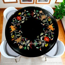 Round Black Marble Inlay Coffee End Dining Table Modern Pietradura Art Furniture