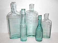 Nice Collection of 5 Antique Aqua Glass Ribbed Poison Bottles - c1920s