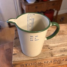 Vintage Large 2 Pint Cream Enamel Measuring Jug - Green Trim - Kitchenalia!