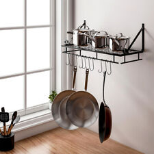 45/60cm Kitchen Pan Pot Rack Wall Mounted Hanging Storage Shelf With 10 Hooks UK