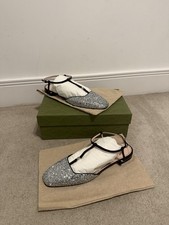 Gucci Women GG Logo Glitter Flat Sandals Silver/ Black IT41.5, UK8.5, US11.5