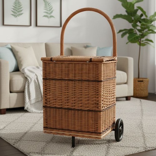 Square wicker trolley basket - wicker,