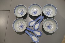 Chinese Porcelain Rice Soup Broth Vintage Bowls x5 and 4 Spoons VGC