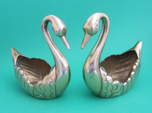 Pair vintage brass swan - of,