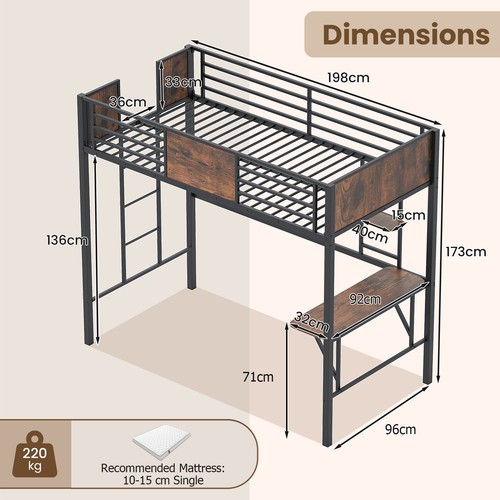 Single size metal loft bed - size,
