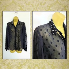 Atmosphere Size 12 Black Sheer Polka Dot Spotted Shirt Blouse Studded Collar