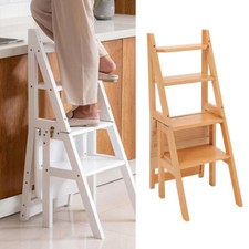 Convertible Stair Stool Kitchen Library Folding 4 Step Ladder Stool Solid Wood 
