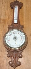 Large Antique Carved Oak Aneroid Banjo Barometer & Thermometer MADE IN ENGLAND