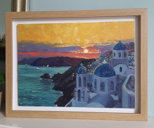 Santorini sunset oil - santorini, sunset,
