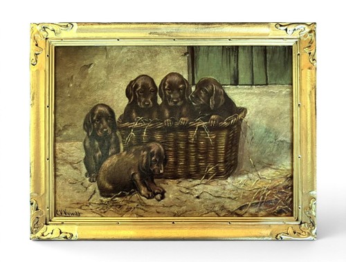 Antique labrador puppies oil - puppies,