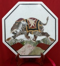 Corner Table Top Inlaid with Elephant Design Unique White Marble Coffee Table