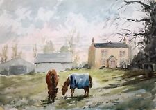 Farmhouse and horses equestrian countryside original watercolour painting A3