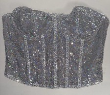 SEQUIN SILVER BUSTIER TOP WOMEN'S SZ M/6 BONED CORSET GLITTER STRAPLESS PARTY