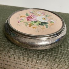 Antique Pretty Floral Painted Ceramic, And White Metal Tea Pot Stand / Trivet