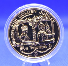 Queen Elizabeth II Golden Jubilee 2002 Gold Plated Guernsey £5 Coin in Capsule