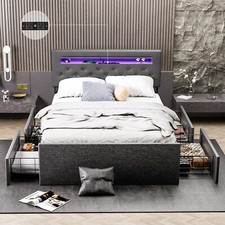 Double Bed Frame Bed Platform with LED Lights Upholstered Headboard 4 Storage