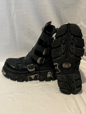 New Rock Reactor Flames Black Leather Chunky Mid Calf Rock Boots Uk 6.5 EU 40