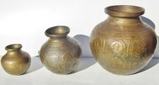 Antique Indo-Persian Set 3 Graduated Bronze Lota Pots Figural Engraving Bodna 6"