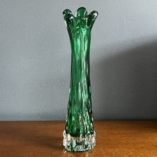 Vintage Japanese Textured Green Cased Glass Stem Vase Retro