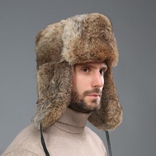 Men's Winter Genuine Genuine Genuine Rabbit Fur Hat Russia Trapper Ear Flap Hat