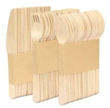 150 x Wooden Cutlery Set Knives Forks Spoons Disposable Eco Biodegradable Party
