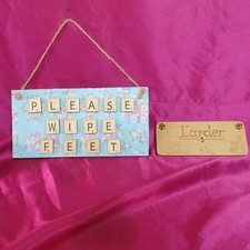 WOODEN LARDER SIGN + RUSTIC CRAFTS HARDWOOD SIGN " PLEASE WIPE YOUR FEET" USED