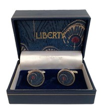 LIBERTY OF LONDON SILVER-PLATED BLUE SILK HERA PEACOCK FEATHER CUFFLINKS BOXED