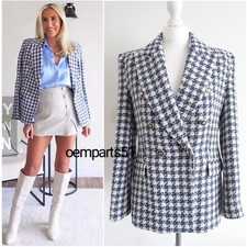 ZARA BLUE & ECRU TEXTURED HOUNDSTOOTH DOUBLE-BREASTED BLAZER SIZE M