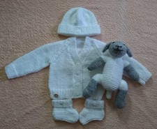 Hand Knitted - New born set - Cardigan, Hat, Bootees & Lamb - White - Grey Face