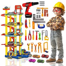 Pretend Play 42PCS Toy Car Parking Garage with Tools Helmet Wash Station for Kid