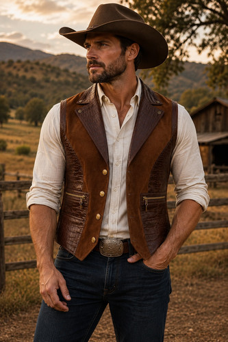 Men brown suede leather vest - brown,