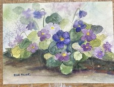 Watercolor Floral Flowers Violets Spring Bouquet Artist Rene Miller Vintage A1