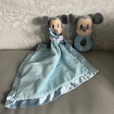 Disney Store Mickey Mouse Blue Soft Edge Baby Comforter Soother Blankie rattle
