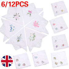 6/12Pcs Ladies Handkerchiefs 100% Cotton Hankies Flower Embroidered Lace Corner