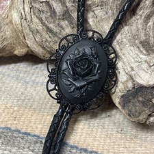 Gothic Black Silver Funeral  Bolo Tie Rockabilly  Cameo ROSE Necklace Leather
