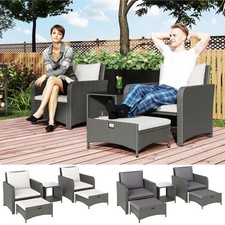 5 Piece Rattan Garden Furniture Set with 2-Tier Coffee Table Ottomans