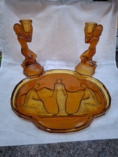 Old Vintage Deco Walter Sohne Amber Glass Tray Candle Sticks 3 Graces Lady
