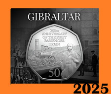 Gibraltar coin 50p pence 2025 First Passenger Steam Train 1st 200y railway choo