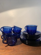 ARC France 18 piece Cobalt Blue Glass Tea Set. Tea Cups Saucers Sides